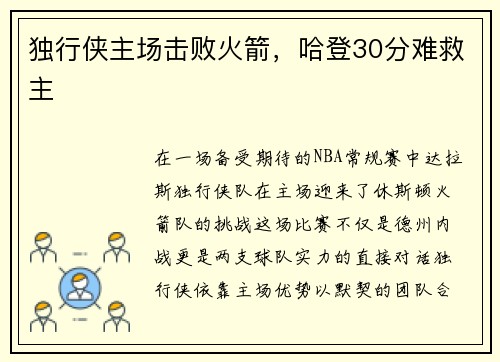独行侠主场击败火箭，哈登30分难救主