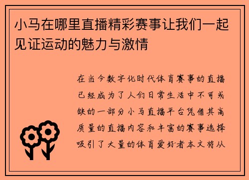 小马在哪里直播精彩赛事让我们一起见证运动的魅力与激情